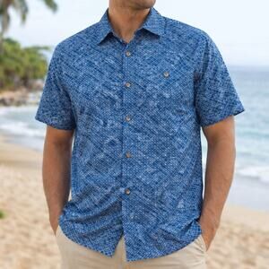 Caribbean Joe Island Supply Co Men’s L Blue Ocean Print Button Down Shirt